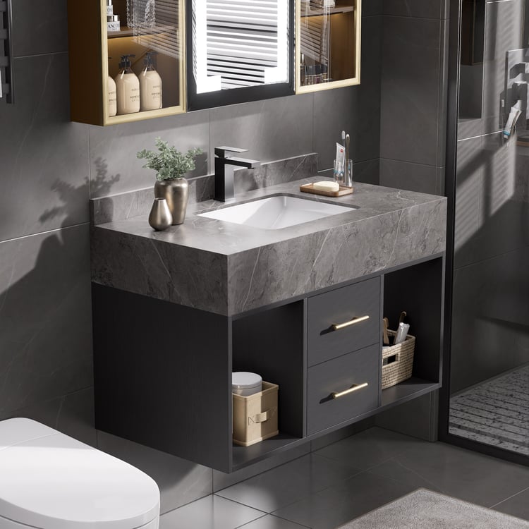 Bathroom Vanity Set 35.4" Modern Floating Sintered Stone Bathroom Vanity Black with Sink