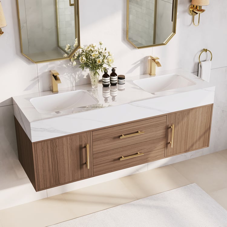 Vanité de salle de bain à double vasque de 1500 mm avec poignées dorées — Vanité flottante moderne en noyer
