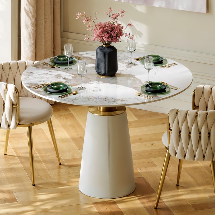 Ronde eettafel van 1000 mm in gesinterde steen met zadelleren onderstel voor 2-4 personen