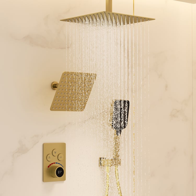 Dual Head Shower System – 12" Ceiling & 8" Wall Shower with Handheld, Solid Brass