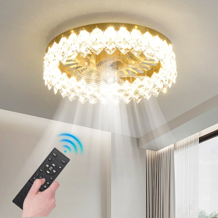 Lampe de ventilateur en cristal doré avec luminosité et couleur réglables et décor en diamant