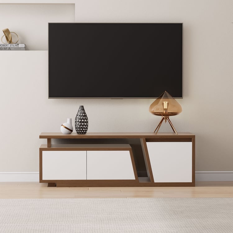 Meuble TV extensible Fero en blanc et noyer avec 3 tiroirs, 120-180 cm
