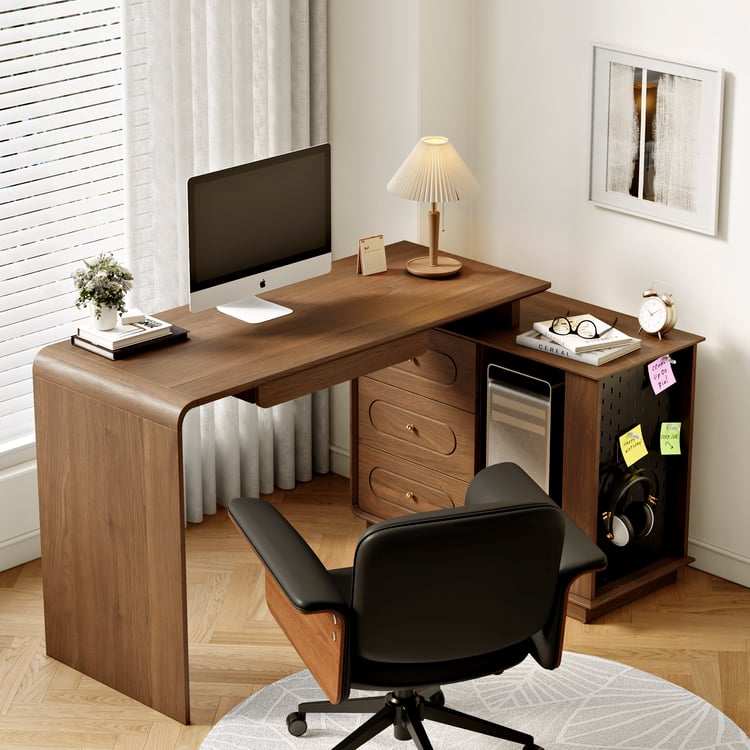 Bureau d'angle en L en noyer avec plateau pour clavier et rangement