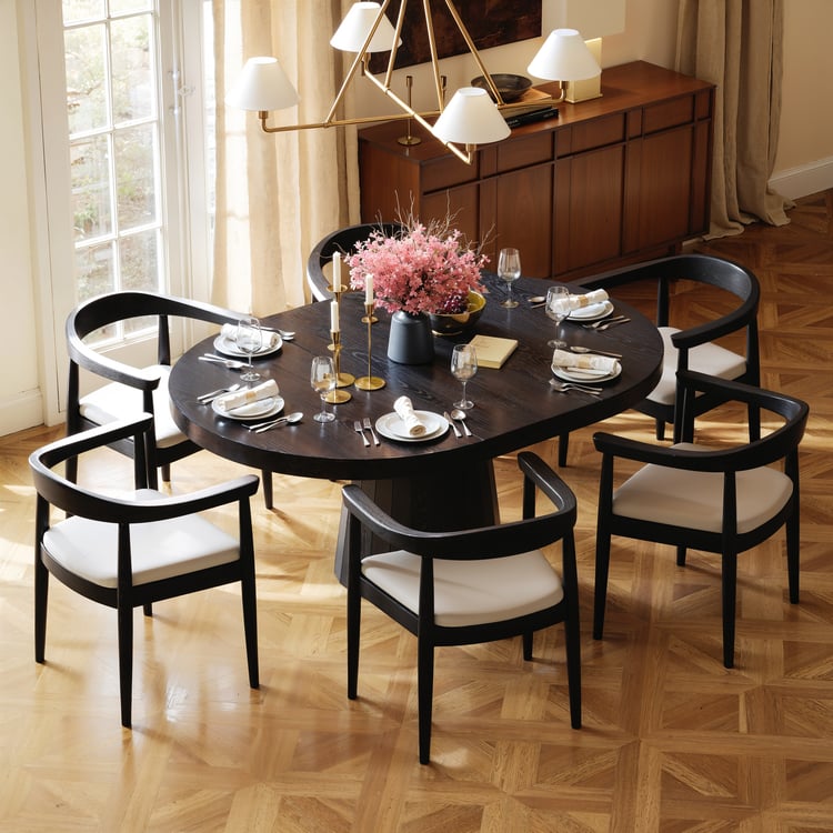 Japandi 100 – 140 cm Extendable Round-to-Oval Wood Dining Table–Black, Seats 4-6