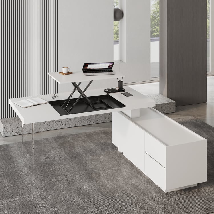 1815mm Modern White Standing L-Shape Executive Desk with lifter Desktop Right Hand