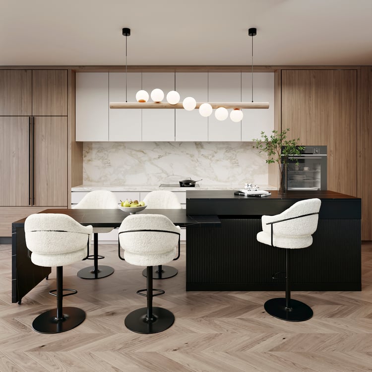 2050mm-2680mm Extendable Black Kitchen lsland with Doors&Drawers Marble Pattern Top