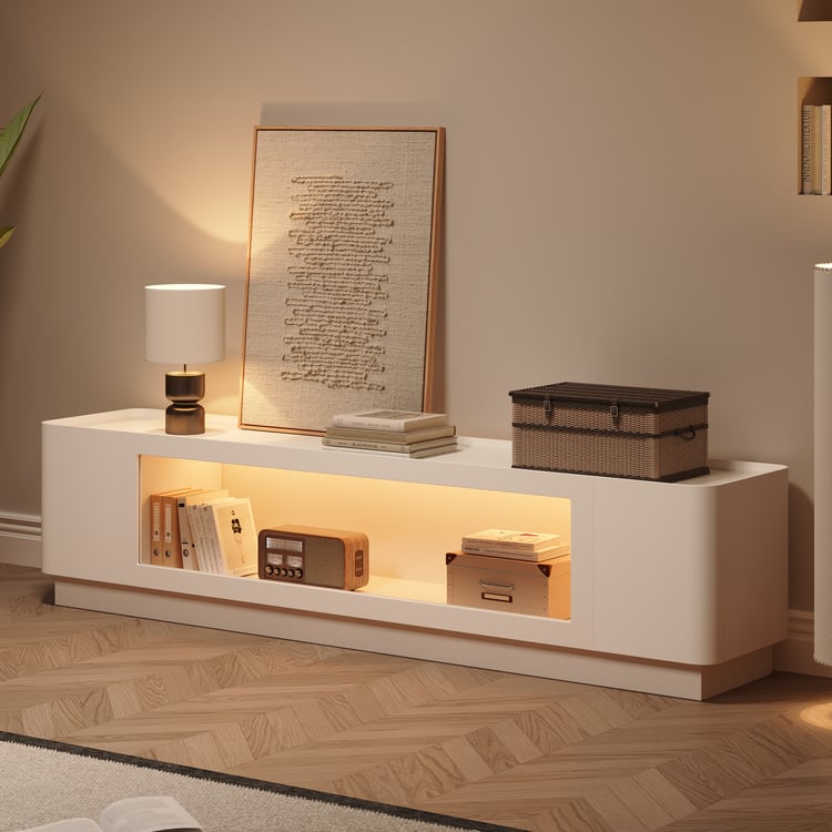 White Glass Door TV Stand with Storage and LED