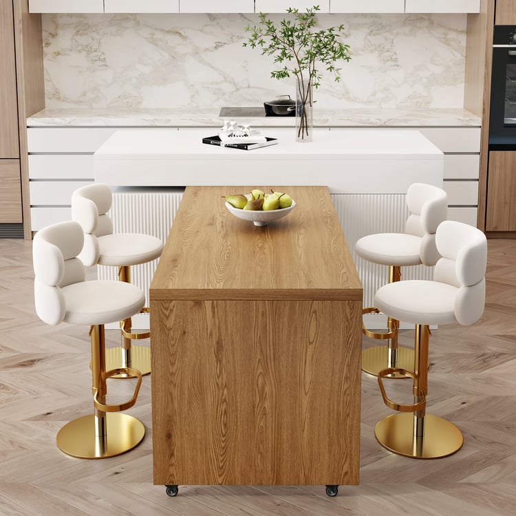 2050mm-2680mm Extendable Walnut Kitchen lsland with Doors&Drawers Marble Pattern Top