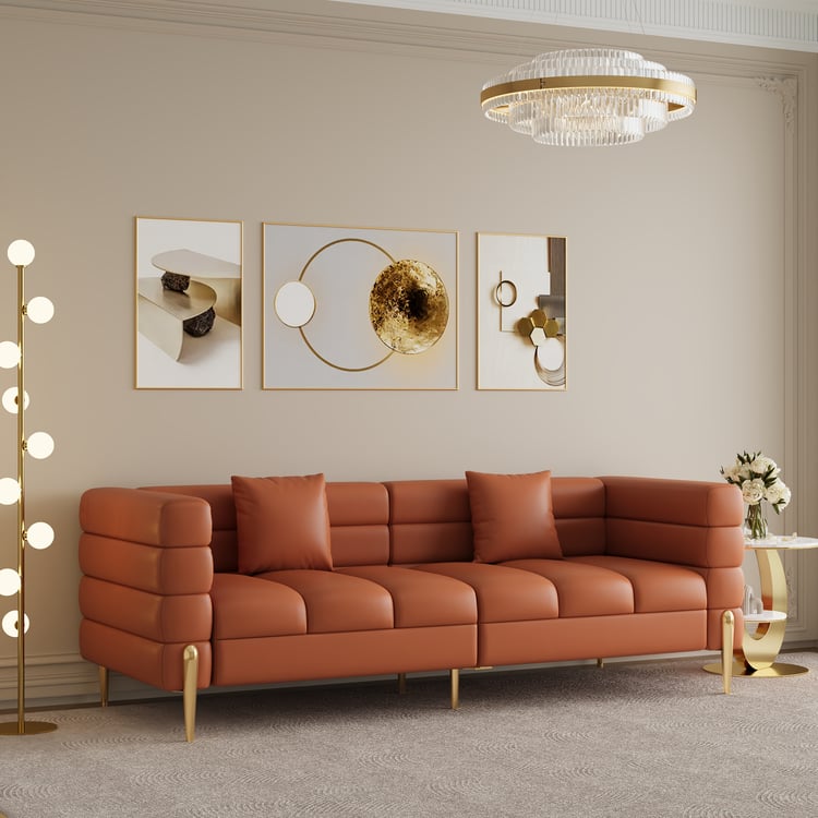 Aurora 79" Faux Leather Fluted Sofa with Gold Legs & Pillows