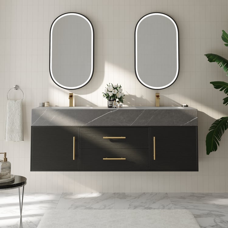 1500mm Black Double Sink Bathroom Vanity with Brushed Gold Handles, Floating Design