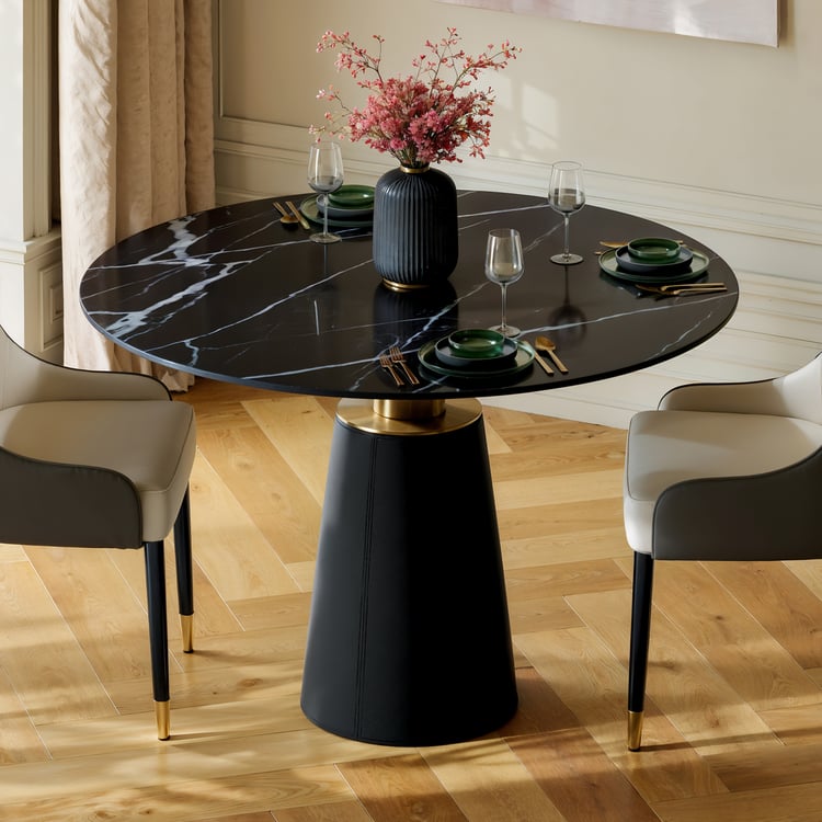 Mesa de jantar redonda de pedra sinterizada de 1000 mm com base de couro de selim para 2 a 4 pessoas