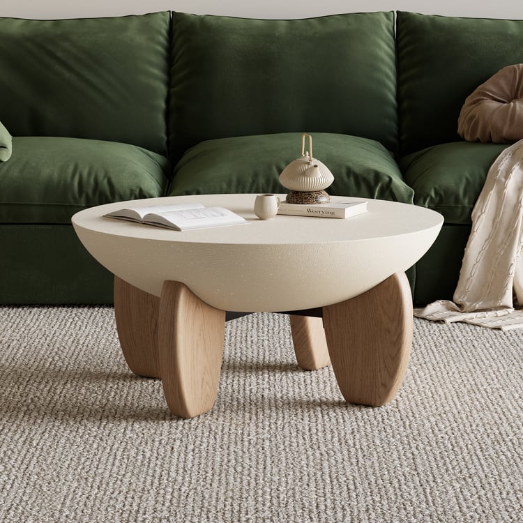 Curva Round Concrete Natural Coffee Table with Wood Legs