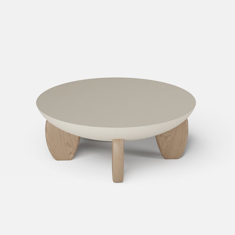 Curva Round Concrete Natural Coffee Table with Wood Legs｜Homary