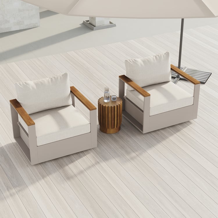 Axis Outdoor Warm White Teak & Aluminum Swivel Chair with Cushion Set of 2