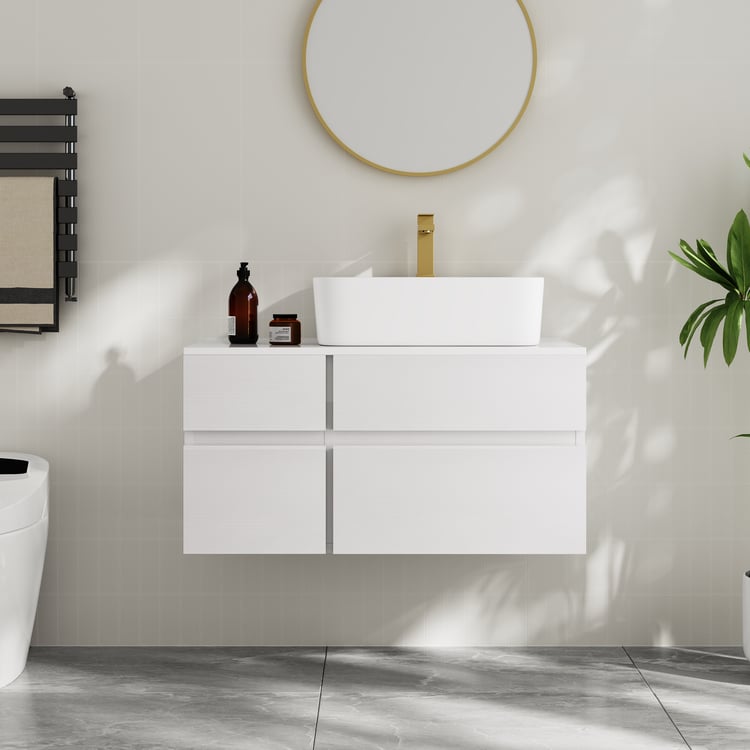 Meuble-lavabo simple de salle de bain flottant moderne de 80 cm avec plateau en résine de pierre, vasque en céramique