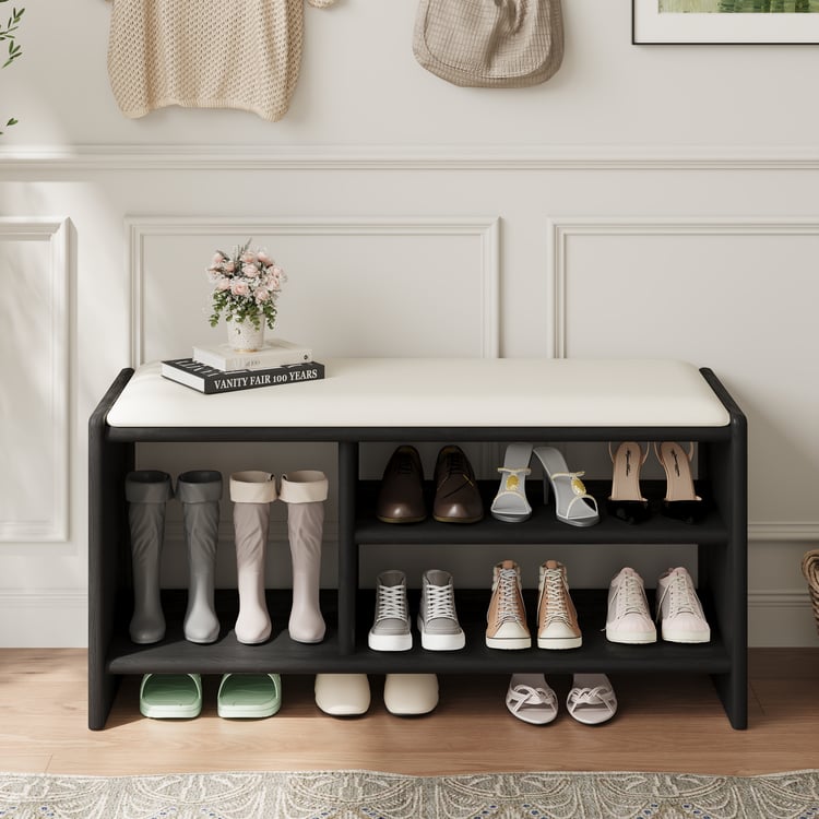 Modern Leather Upholstered Entryway Bench in Black Wood Shoe Storage ...