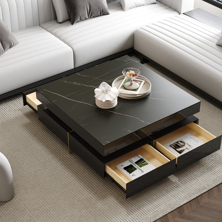 Black Modern Square Coffee Table with Drawers Sintered Stone Top & Metal Legs