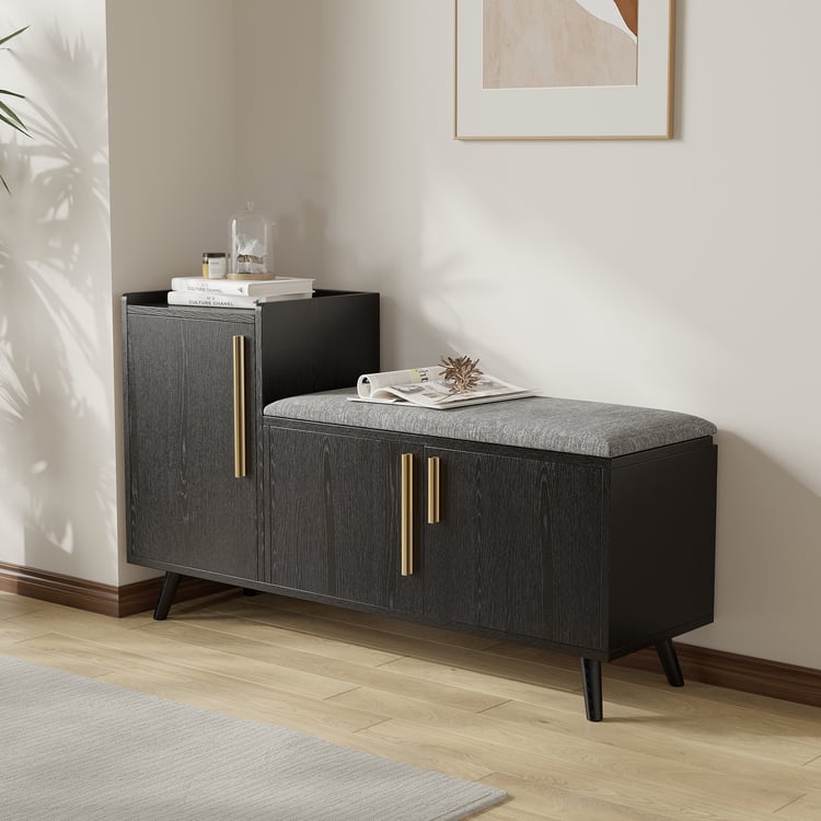 1200mm Black Wooden Shoe Storage Bench with 3 Doors & 5 Shelves for Entryway