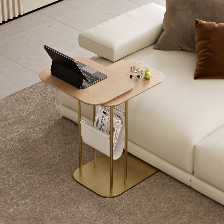 Table d'appoint rotative naturelle et dorée en forme de C avec rangement