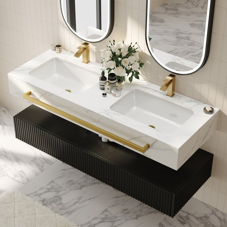 1400mm Double Sink Bathroom Vanity with Sintered Stone Countertop & Gold Towel Bar