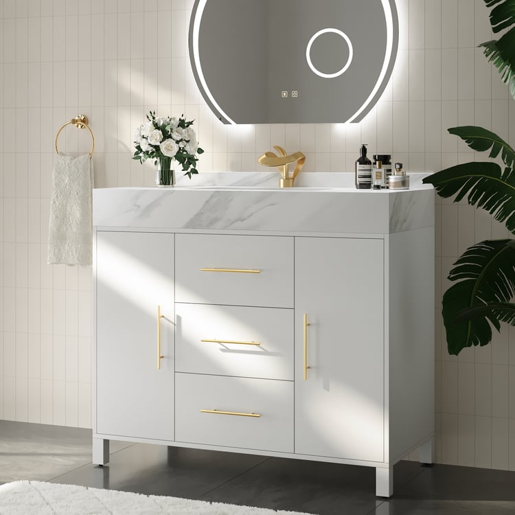1000mm Freestanding White Bathroom Vanity, Sintered Stone Countertop & Gold Handles