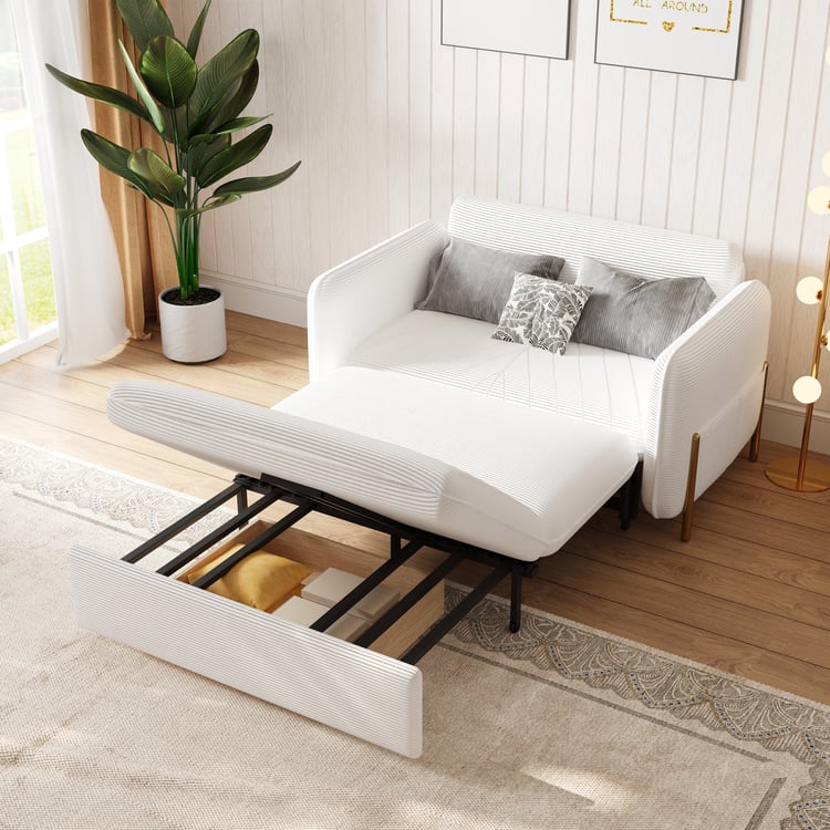 1360mm Full Sleeper Sofa White Corduroy Upholstered Convertible Sofa