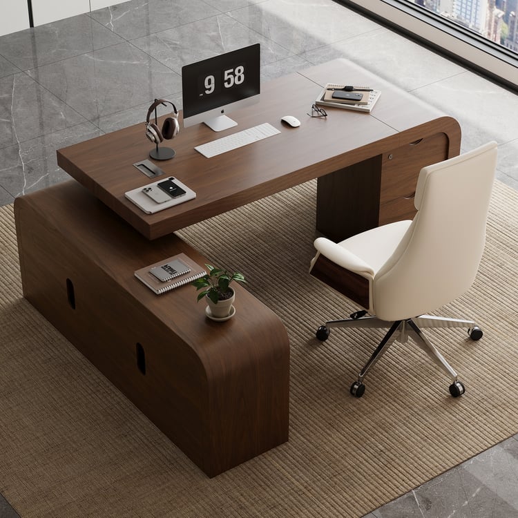 Bureau de direction moderne en L en noyer de 70,9" avec fauteuil de bureau inclinable en cuir (gauche)