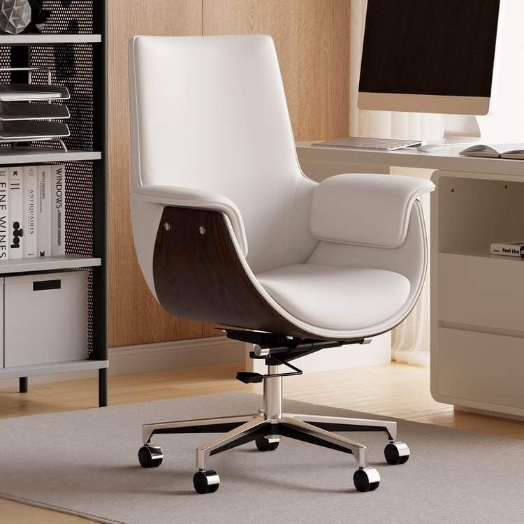 White Leather Modern Home Office Chair Upholstered High Back Desk Chair Wood Grain Frame