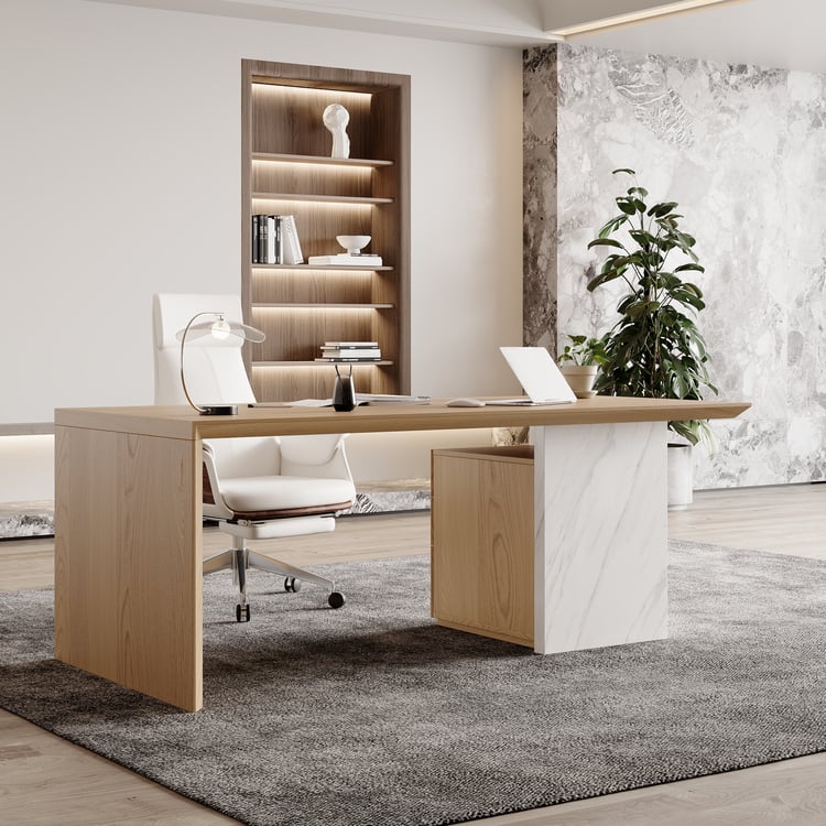 Modern White & Natural Home Office Desk with Movable File Cabinet (1520mm)