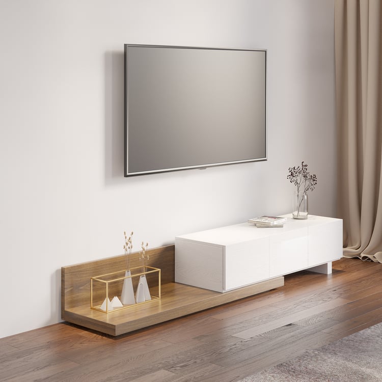 Homary Rectangle Wood Extendable TV Stand White & Walnut Floor Media Console with 3 Drawers