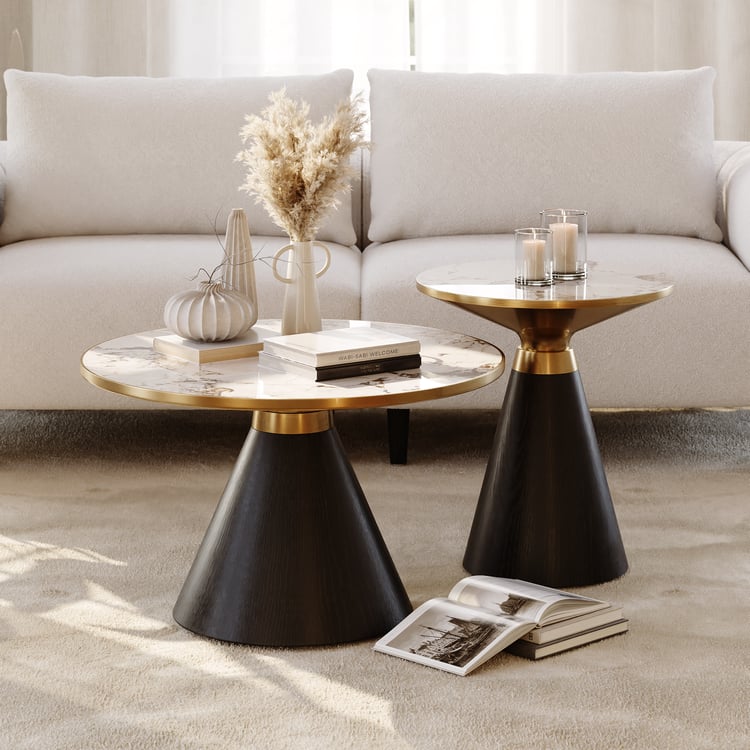 2 Pieces Set Round Black Sintered Stone Top Coffee Table (7.9