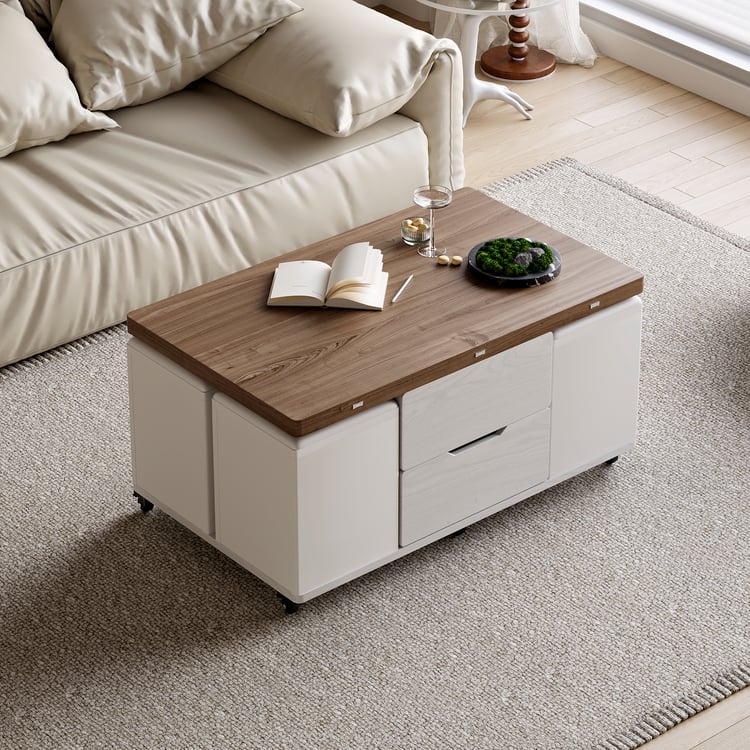 1000mm Lift-Top Foldable Walnut & White Coffee Table with 4 Stools
