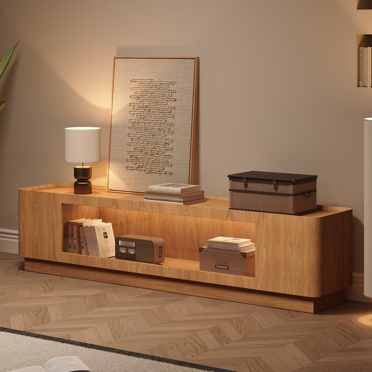 79'' Glass Door TV Stand Mid Century Modern Wood Media Console with Storage & LED in Natural