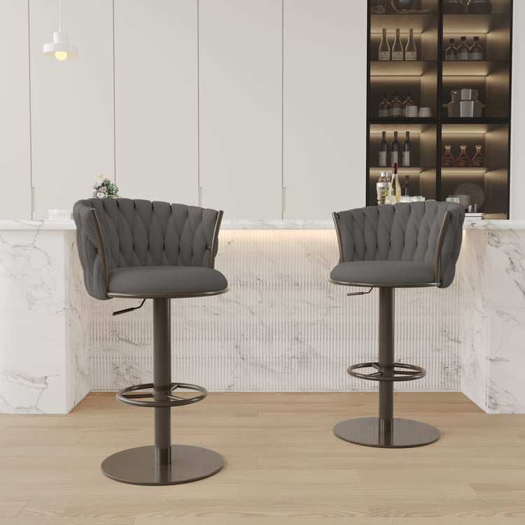 Sweave Set of 2 Grey Swivel Bar Stools Velvet Curved Back Adjustable Height