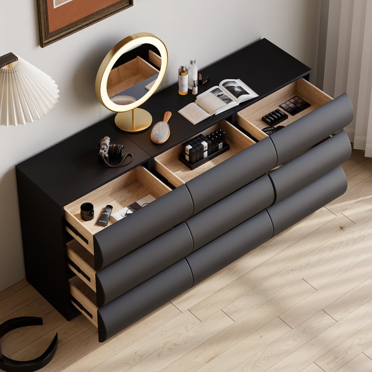 Humply Modern Black Leather 9 Drawer Dresser Chest with Storage Cabinet