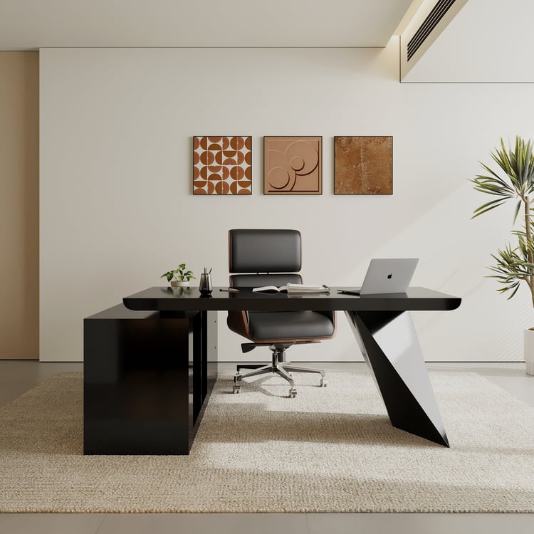 Set Black L-Shape Executive Desk Right Hand Reclining Leather Office Desk Chair (1800m)