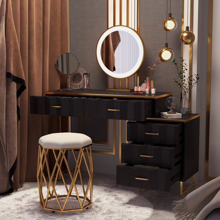 Vanité de maquillage extensible noire moderne avec 5 tiroirs et coiffeuse avec tabouret et miroir