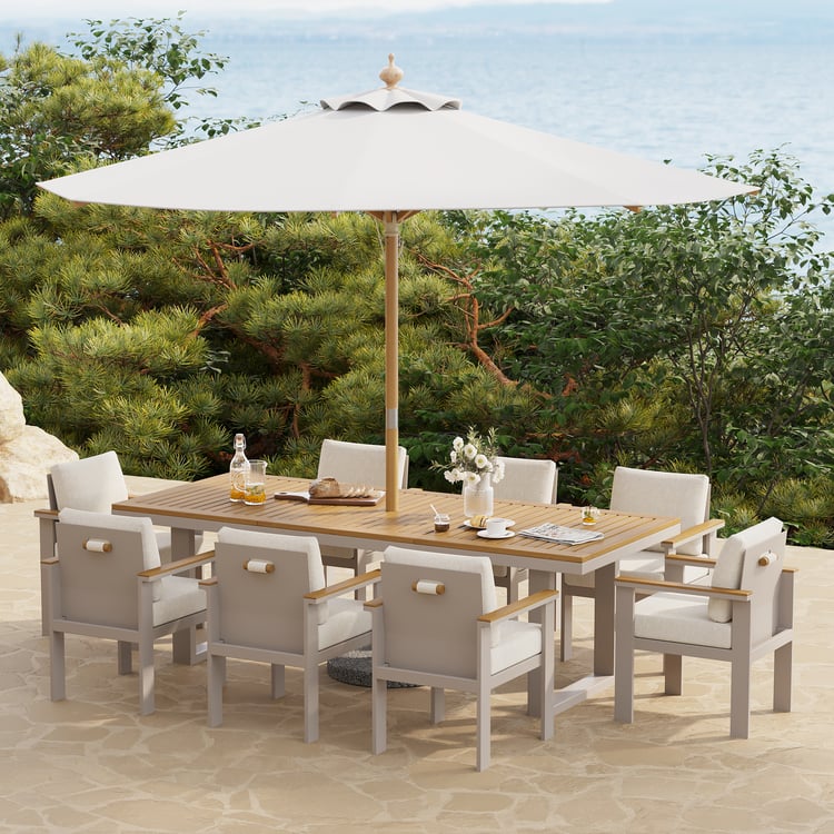 barn patio dining with umbrellas Tevara 10 Pieces Rectangle Wood & Aluminum Outdoor Patio Dining Set with Central Pillar Umbrell