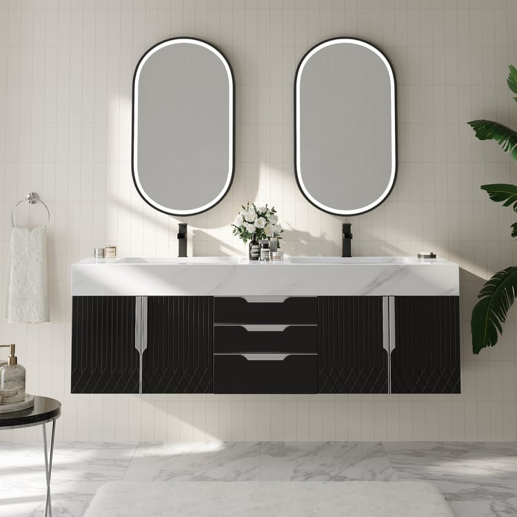 Vanité de salle de bain murale Aro à double vasque noire avec tiroirs, dessus en faux marbre, 1500 mm