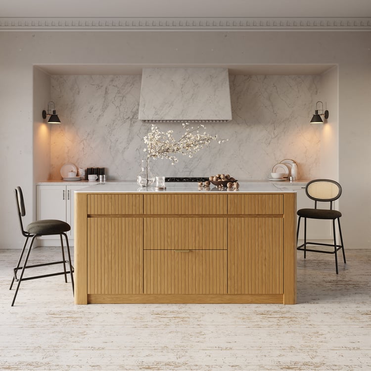 Îlot de cuisine en bois massif avec dessus en pierre frittée de 72 po avec rangement