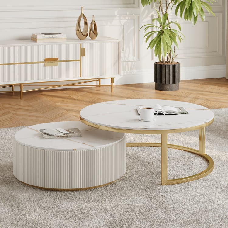 Ensemble gigogne rond en pierre frittée, 2 pièces, table basse beige avec tiroir