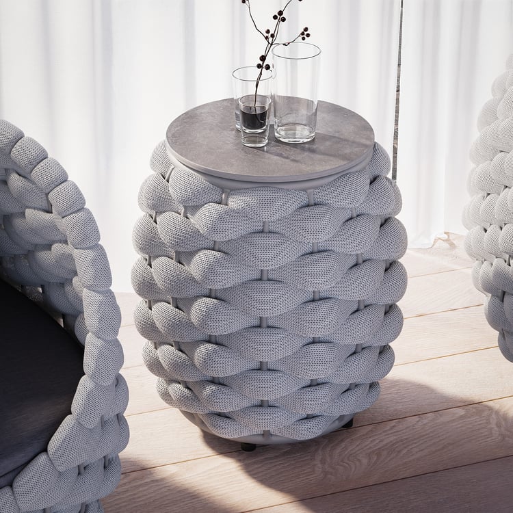Cocaro Modern Outdoor Woven Side Table with Storage, Waterproof Rope & Sleek Slate Top, Gray