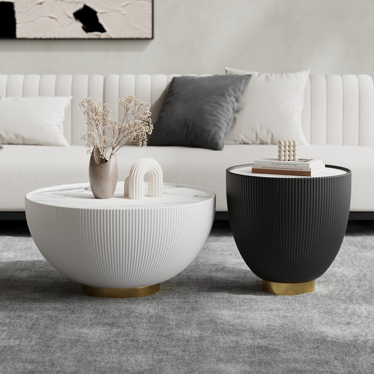 Couchtisch Set rund aus Marmor und Kunstleder in Beige und Schwarz, 2er Set moderner Wohnzimmertisch｜Homary DE