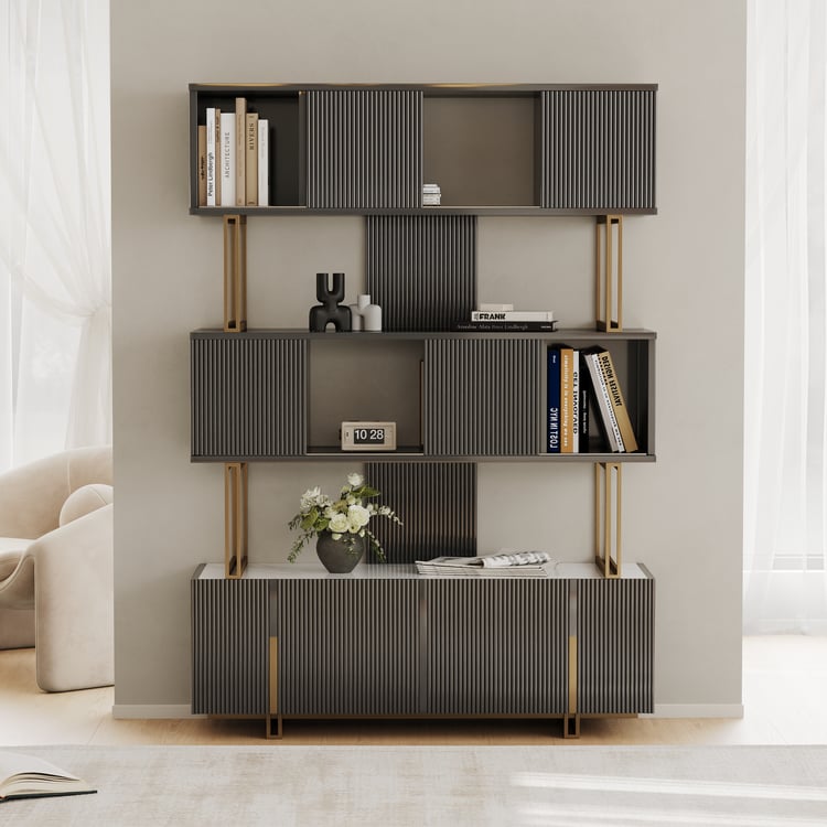 66.9" Glossy Black Sliding Door Etagere Bookshelf 5-Shelf Tall Book Shelf Rich Storage