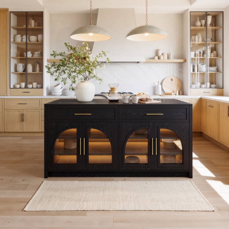 Arune 1800mm Modern Style Black Kitchen Islands with with Glass Doors & Drawers