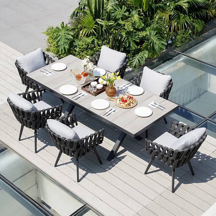 Outdoor Ceramic & Aluminum Extendable Rectangular Dining Table, Seats 6-8 (64.2"-84.3")