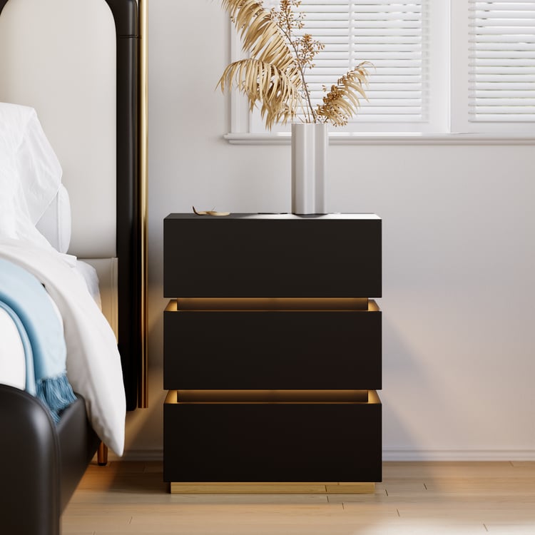 Nightstand Set of 2 Smart 3-Drawer Nightstands with Charging Station Black Bedside Table with Light