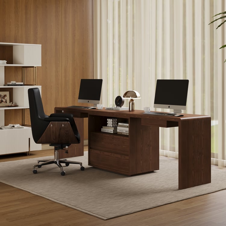 Bureau double rectangulaire noyer 240 cm moderne avec tiroirs, pour 2 personnes