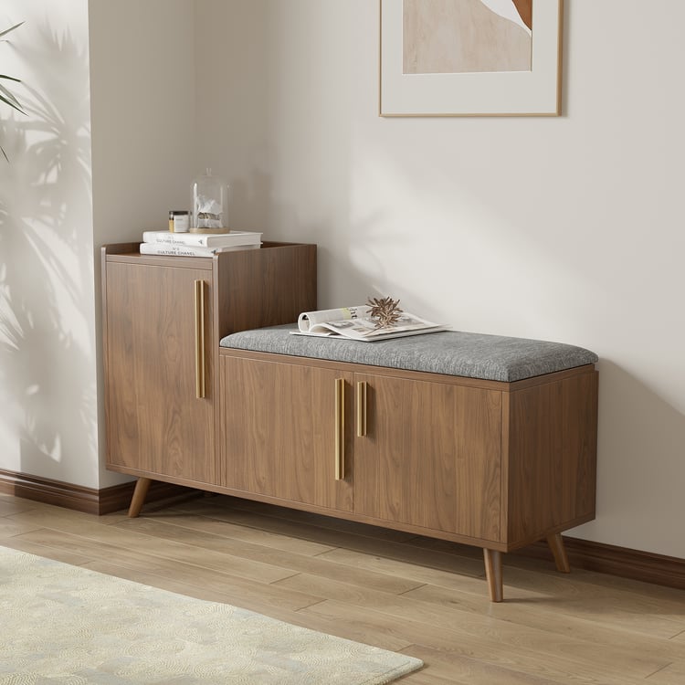 Banc de rangement à chaussures en bois de noyer avec armoire gauche pour entrée (1200 mm)