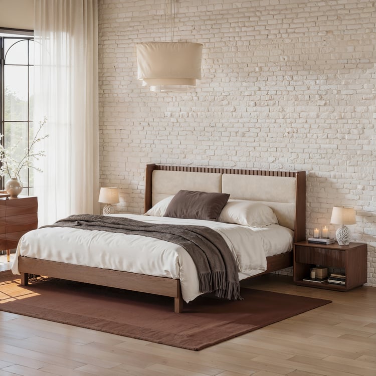 Modern Walnut Queen Size Solid Wood Bed with Boucle Headboard Pillows